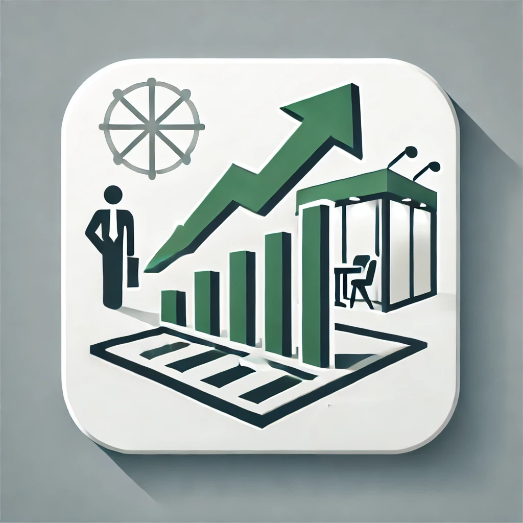 DALL·E 2024-09-12 09.41.42 - A clean, modern icon for the 'Trade Show Success Tips' blog category. The icon should feature a stylized upward arrow or chart symbolizing growth and