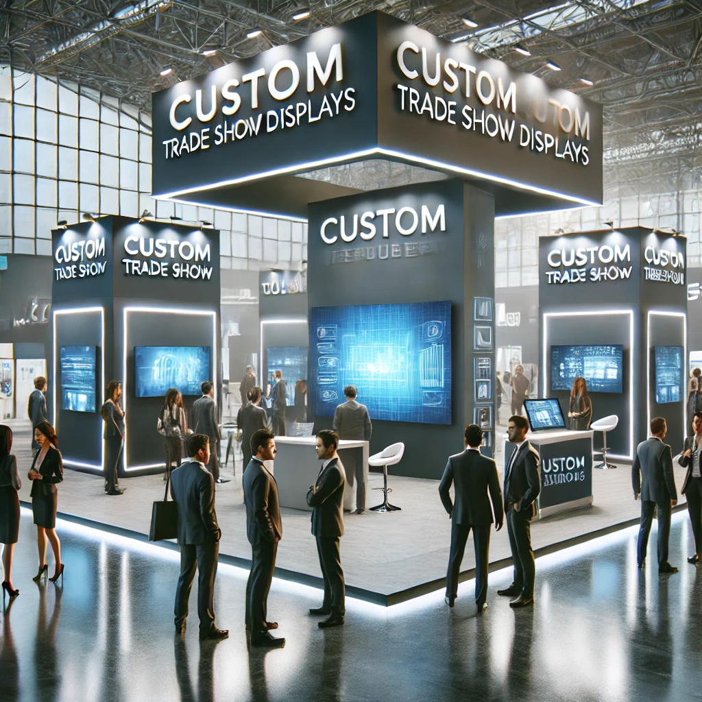 Modern trade show booth with interactive digital screens and branded graphics in a professional exhibit hall